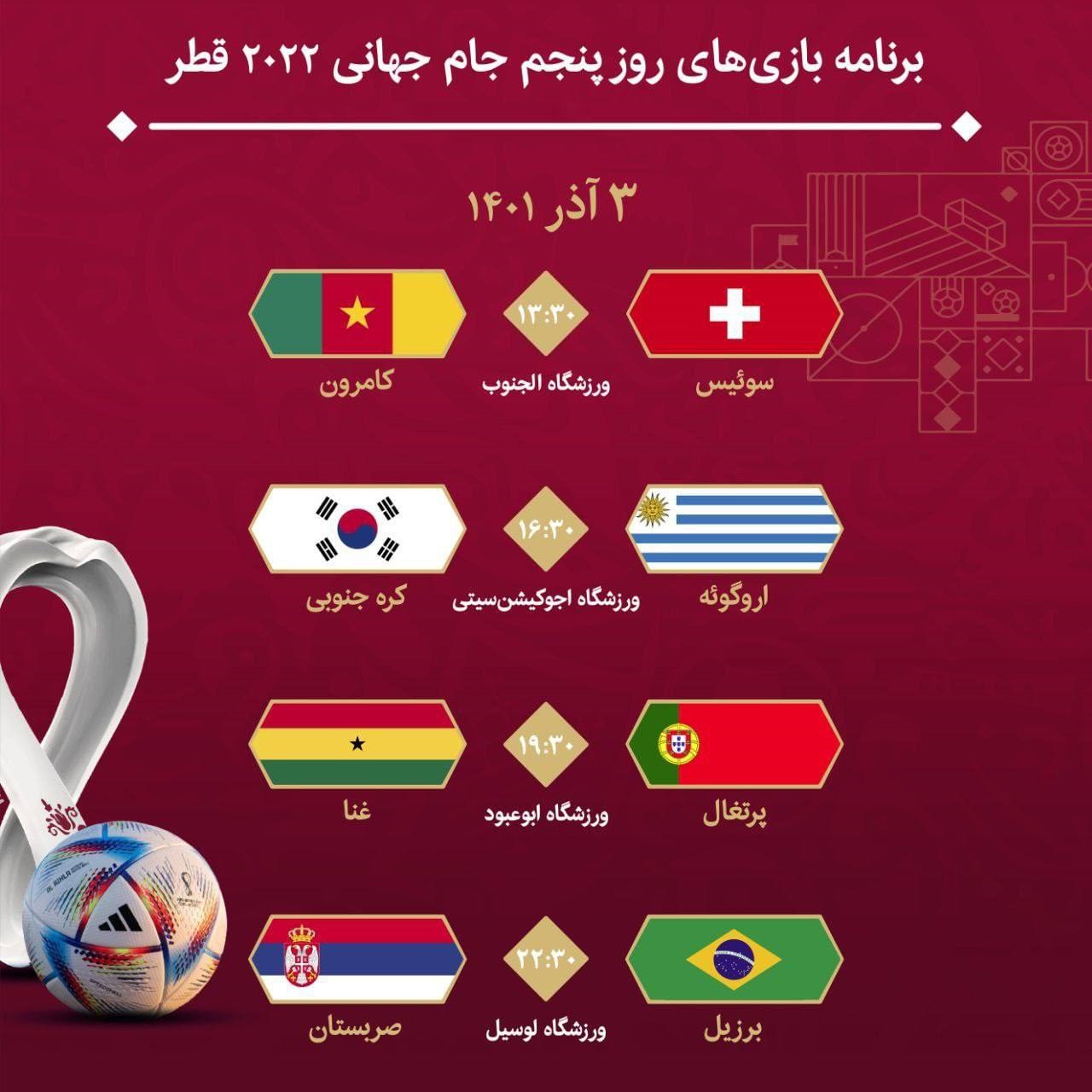 برنامه بازی‌های روز پنجم جام جهانی ۲۰۲۲